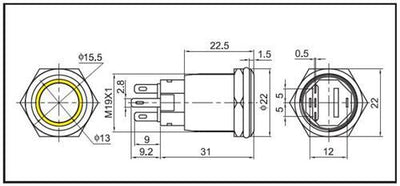 Hollex Aan/Uit Drukknop RVS 12V