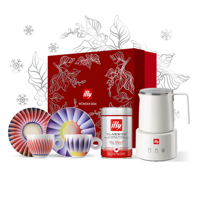 Illy Wonderbox 1 melkopschuimer met Aribica koffie en Judy Chicago kopjes