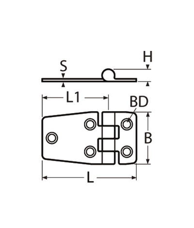 Marinetech Scharnier 58x38 mm afmetingen l x b x dikte: 58x38x2mm