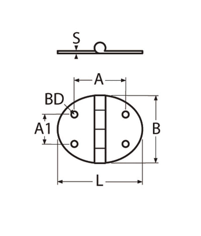 Marinetech Scharnier (ovaal) afmetingen l x b x dikte: 67x48x2mm