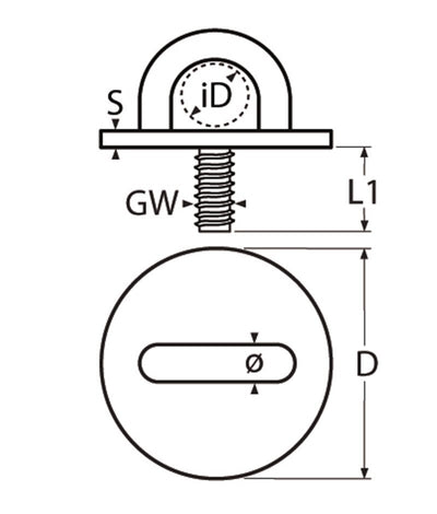 Marinetech Dekoog Rond 5mm / M6 met ronde grondplaat 33mm en draadeinde M6