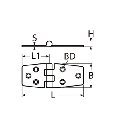 Marinetech Scharnier 87x38 mm afmetingen l x b x dikte: 87x38x2mm