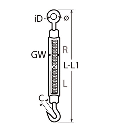 Marinetech Spanschroef M10 open Oog-Oog BL: 880 kg