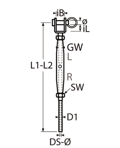 Marinetech Wantspanner M10 met Gaffel en Walsterminal Gelast BL: 3500kg