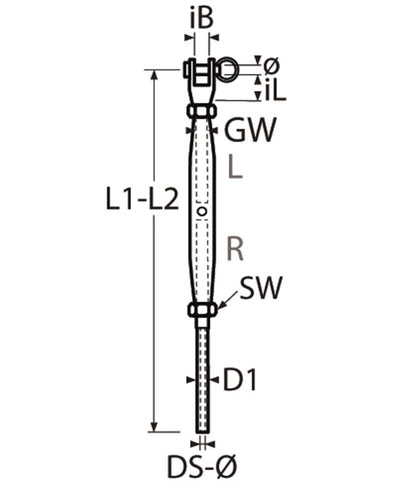 Marinetech Wantspanner M12 met Walsterminal en Gaffel, gedraaid, touw 6mm